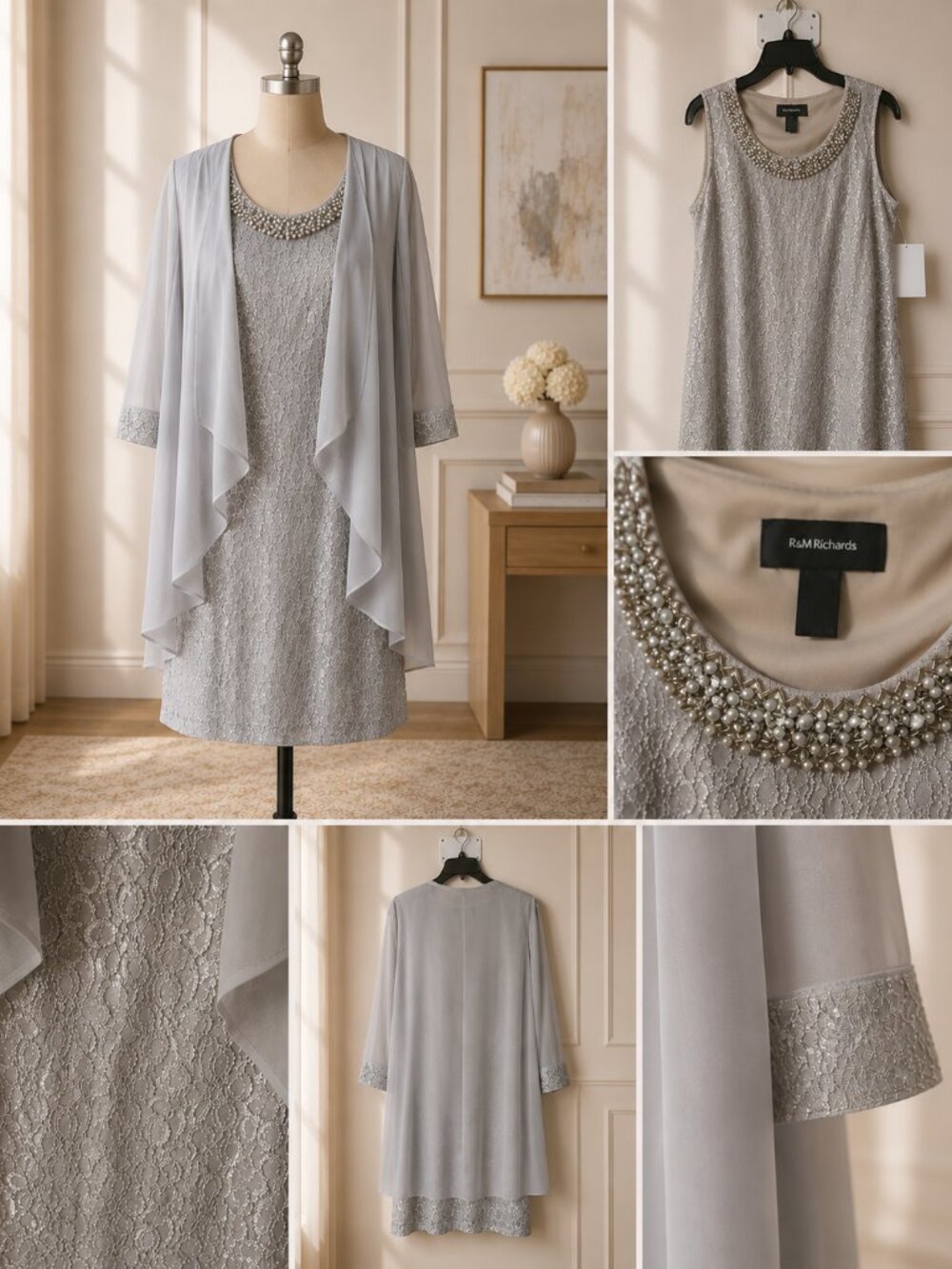 R&M Richards 2-piece glitter lace sheath dress and jacket set in a champagne - Picture 7 of 7